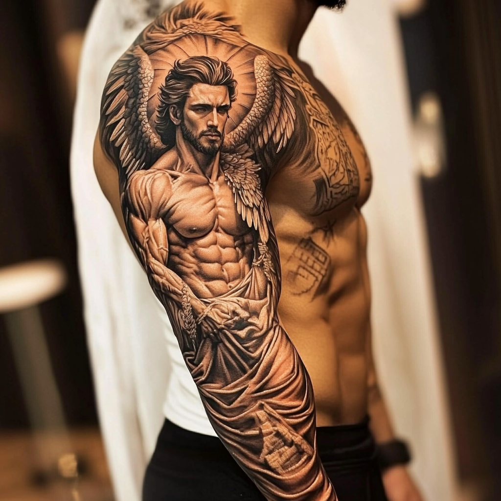 Detailed male guardian angel tattoo with majestic wings.