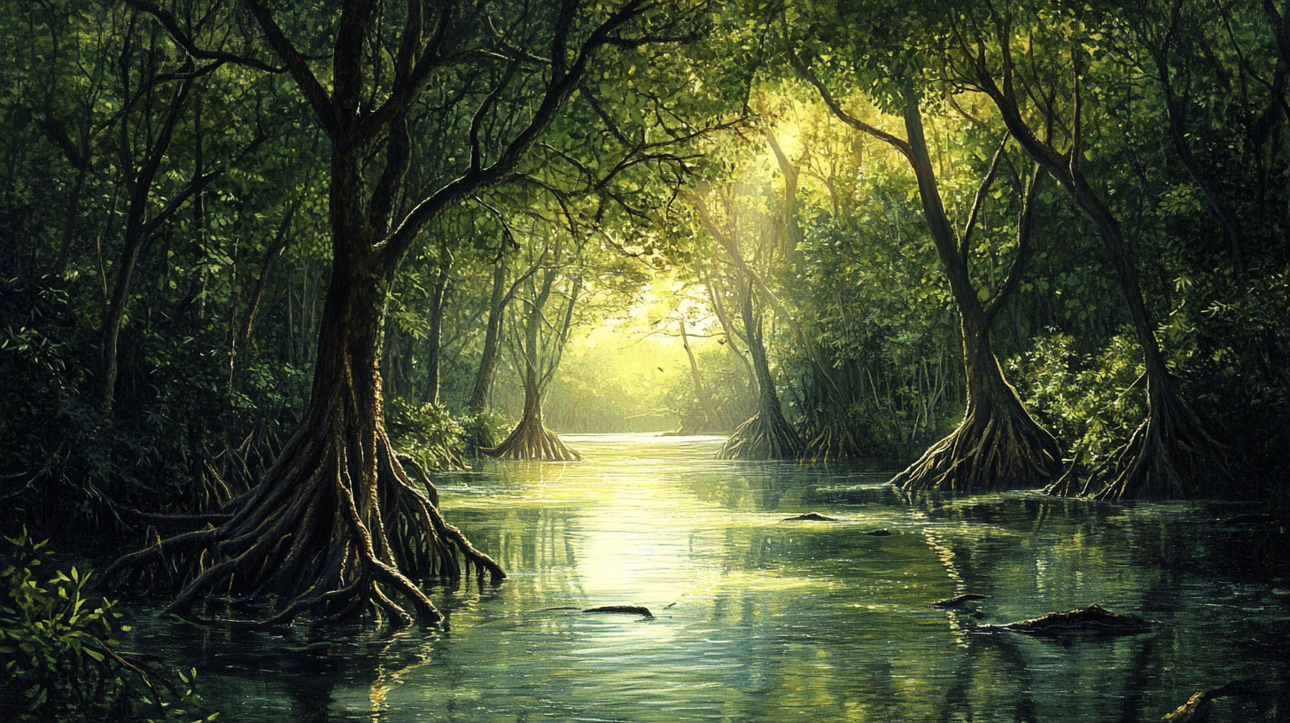 Detailed mangrove forest landscape with towering trees and wildlife.