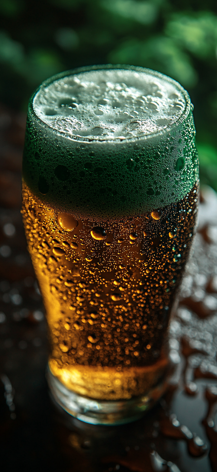 Detailed mint green beer foam with droplets on glass.