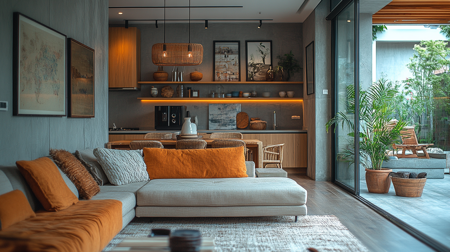 Detailed modern living room with kitchen and dining area.