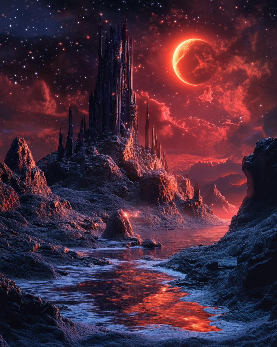 Detailed nebula clouds, red and blue, fantasy tower, ocean.