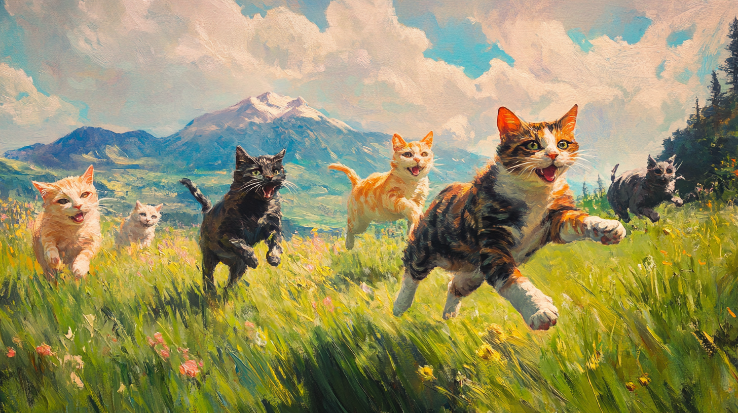 Detailed painting of cats on grass field with mountains.