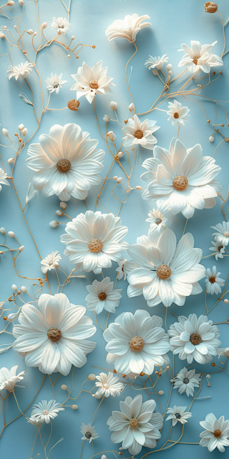 Detailed pattern of daisy flowers on light blue background.