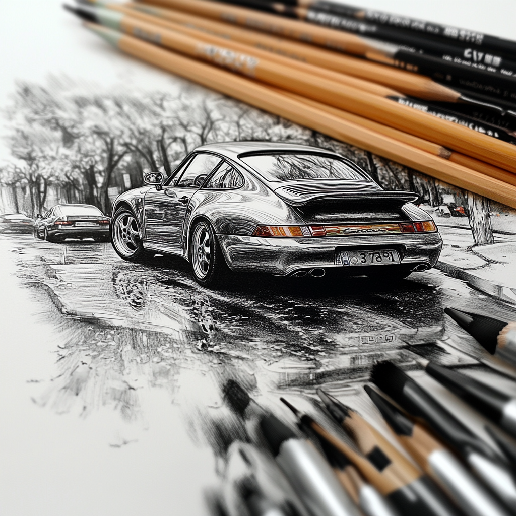 Detailed pencil drawing of realistic Porsche 993 Turbo