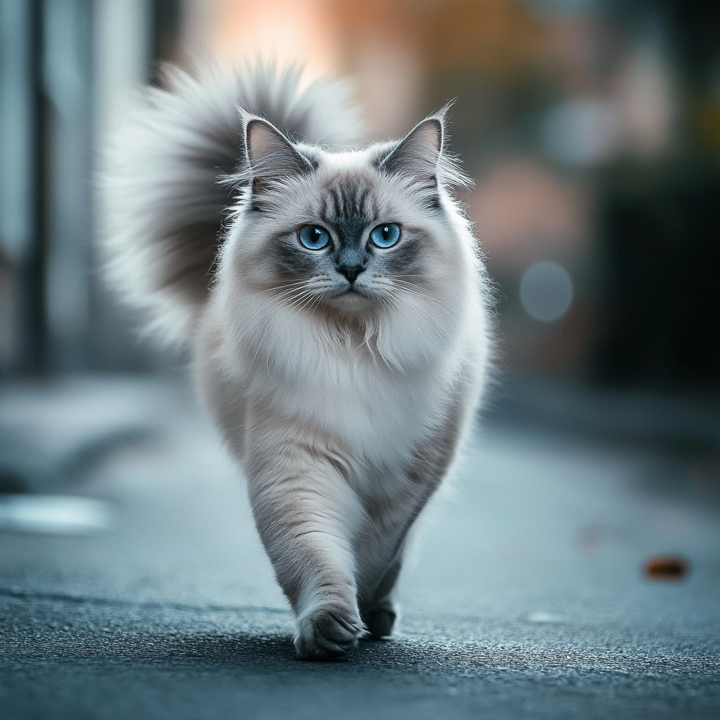 Detailed photo of Ragdoll cat in city setting.