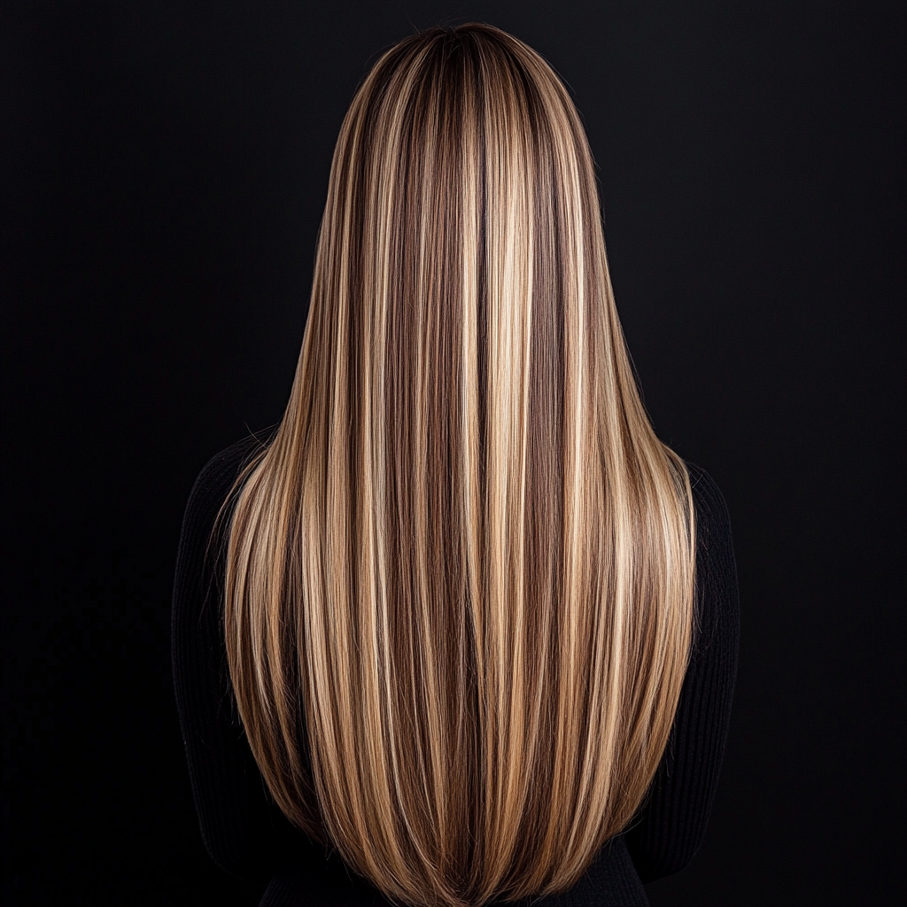 Detailed photo of long, styled hairstyle with highlights