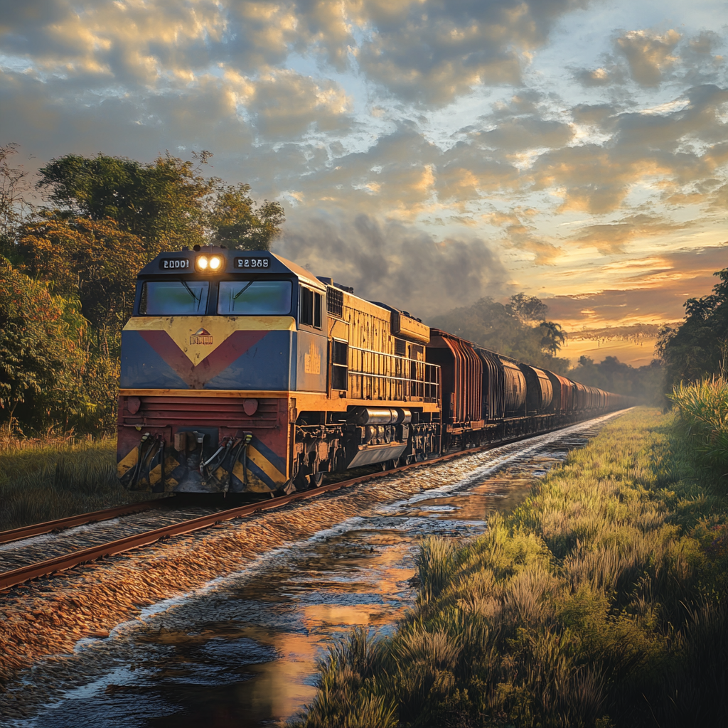 Detailed photo of train locomotive with cargo in landscape.