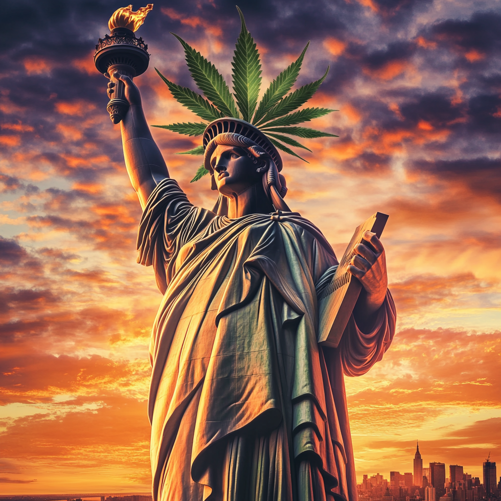 Detailed photograph of Statue of Liberty with cannabis crown.