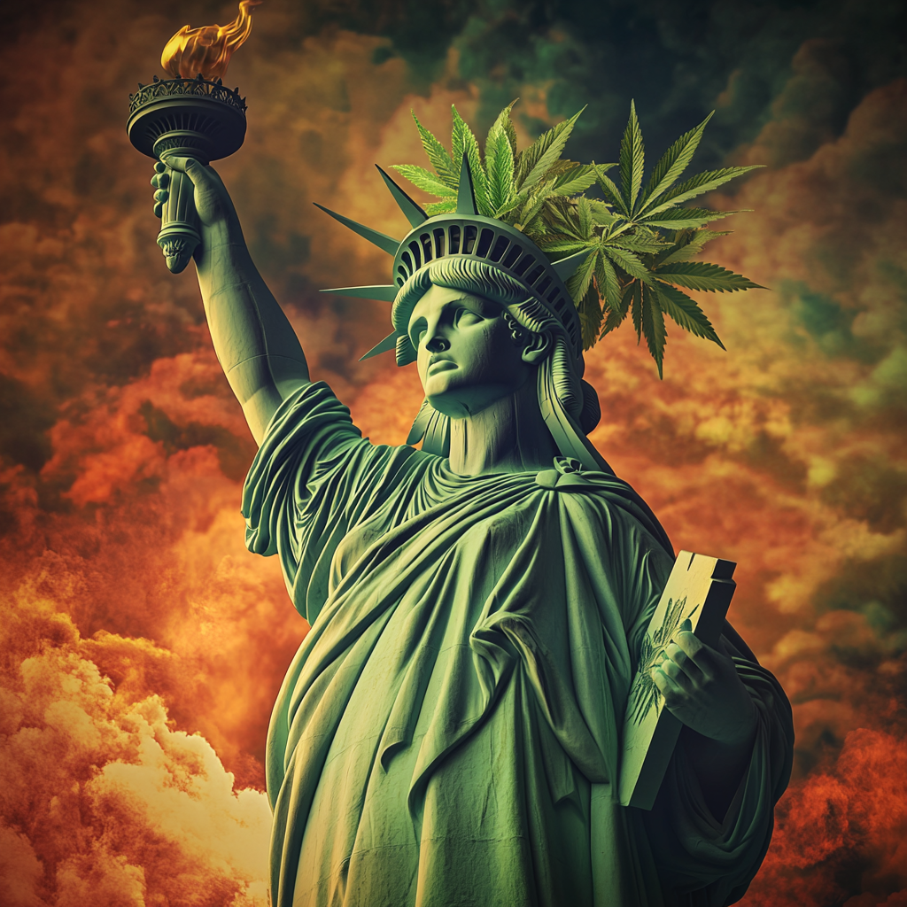 Detailed photograph of Statue of Liberty with cannabis leaf.