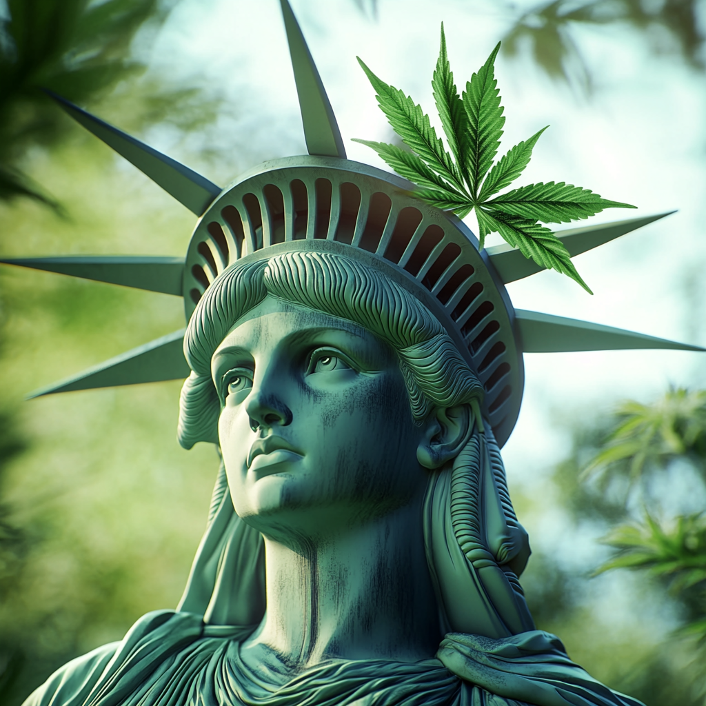 Detailed photograph of Statue of Liberty with cannabis theme.