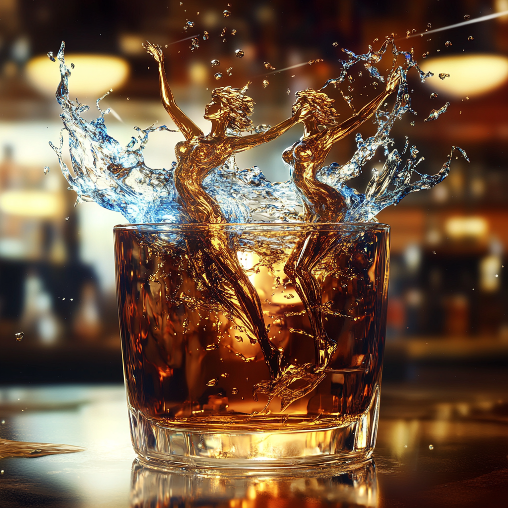 Detailed photograph of whiskey tumbler with ice art.