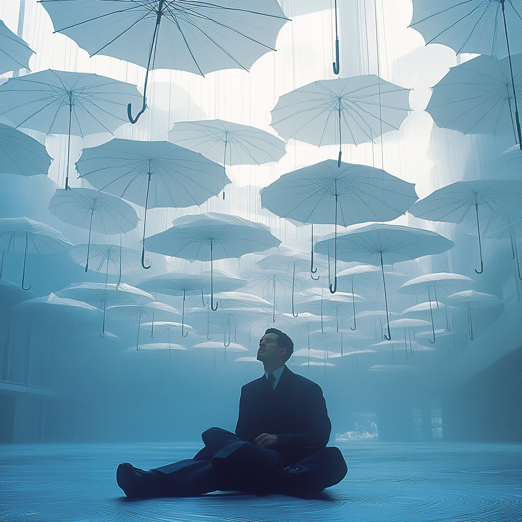 Detailed photography of guy in blue room with umbrellas.