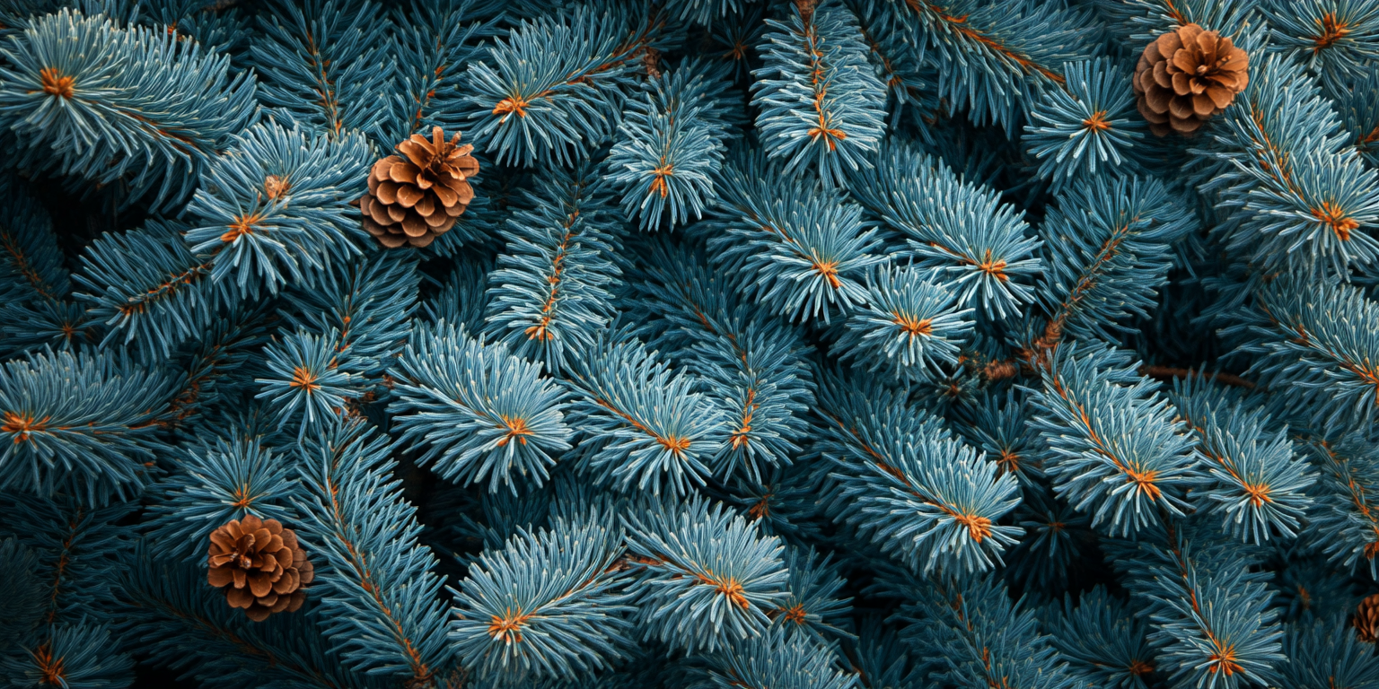 Detailed pine tree branches with blue background.