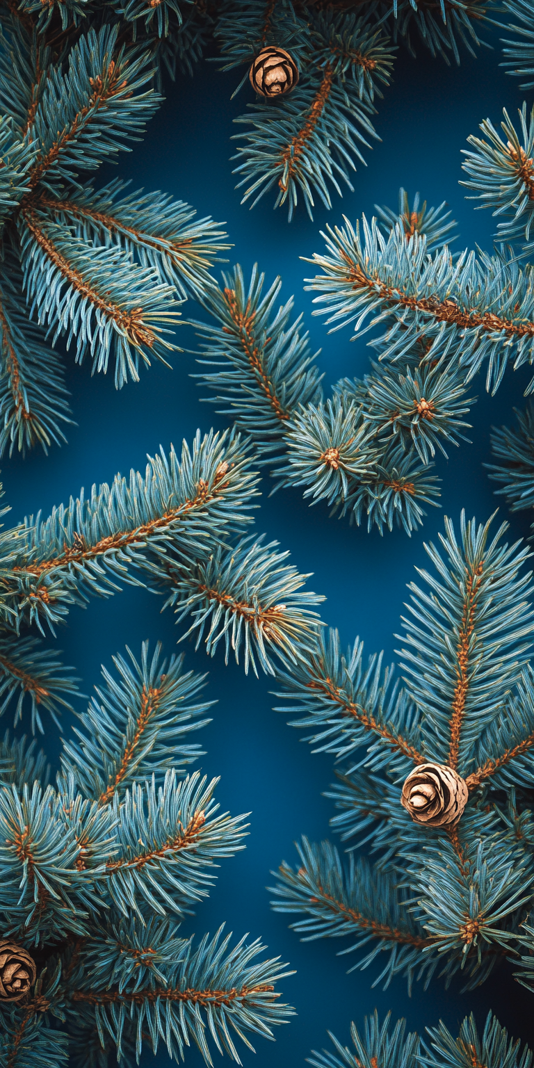 Detailed pine tree branches with natural texture on blue background.