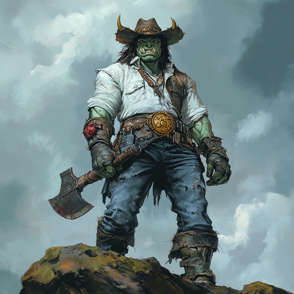 Detailed portrait of 7-foot-tall half-orc warrior on misty mountain.