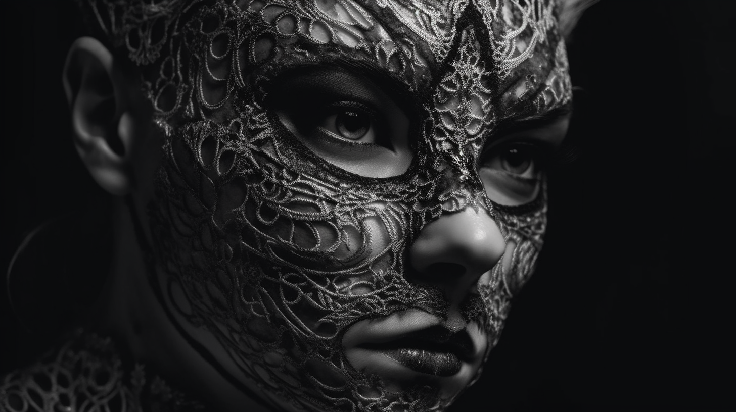 Detailed portrait of woman in lace cat mask, intense eyes.