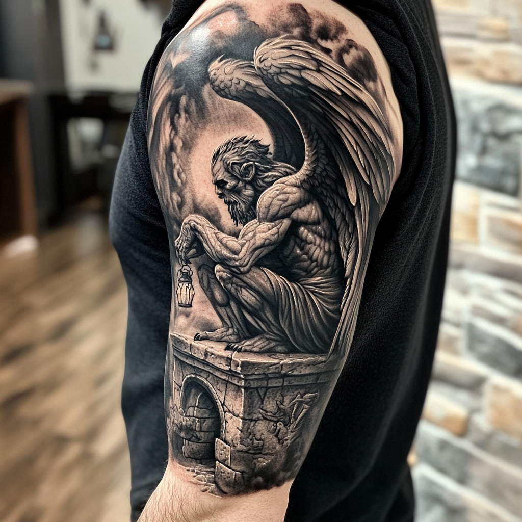 Detailed realistic arm sleeve tattoo of guardian gargoyle and Angel of Death in serene, symbolic scene