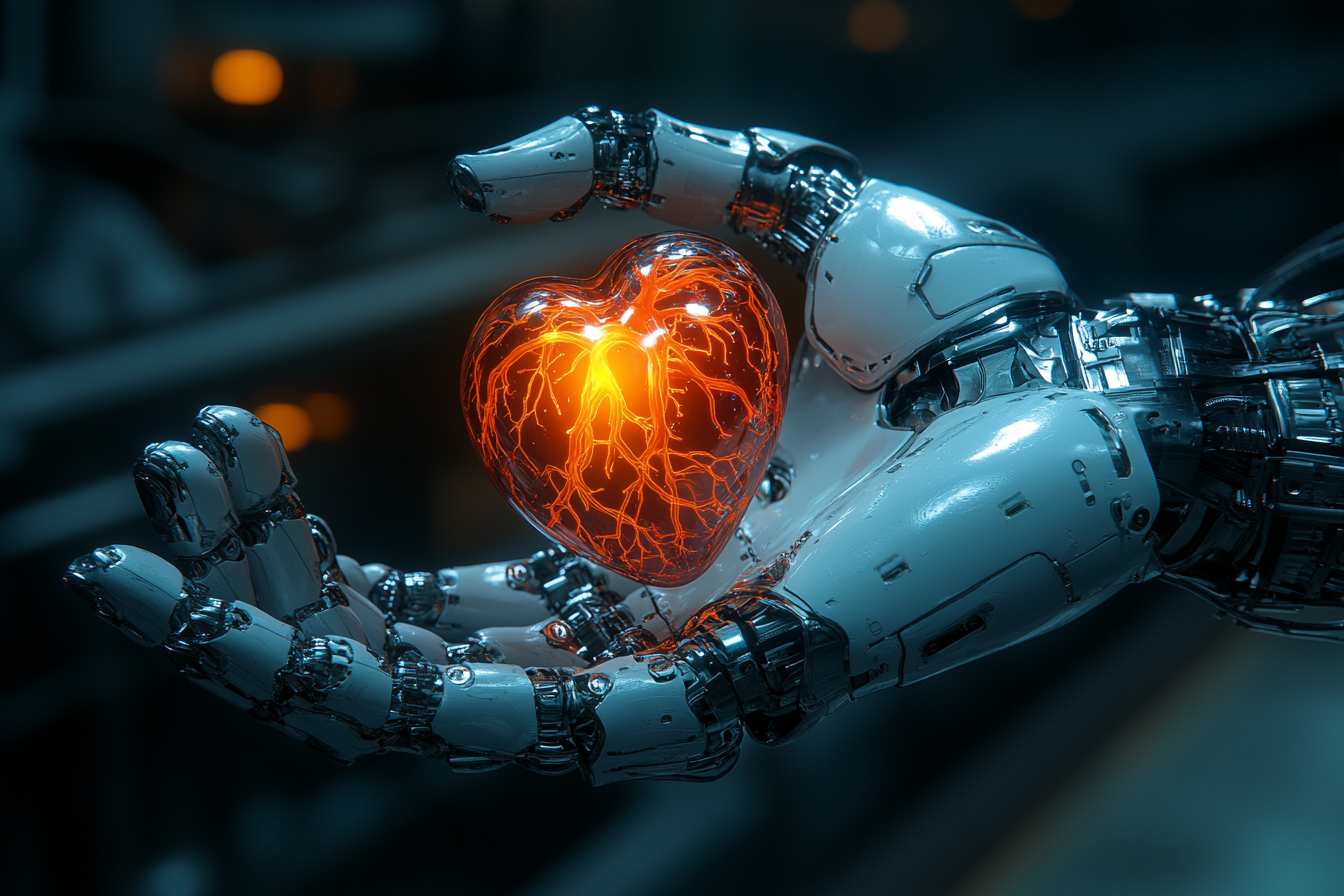 Detailed robotic hand holding glowing holographic human heart.