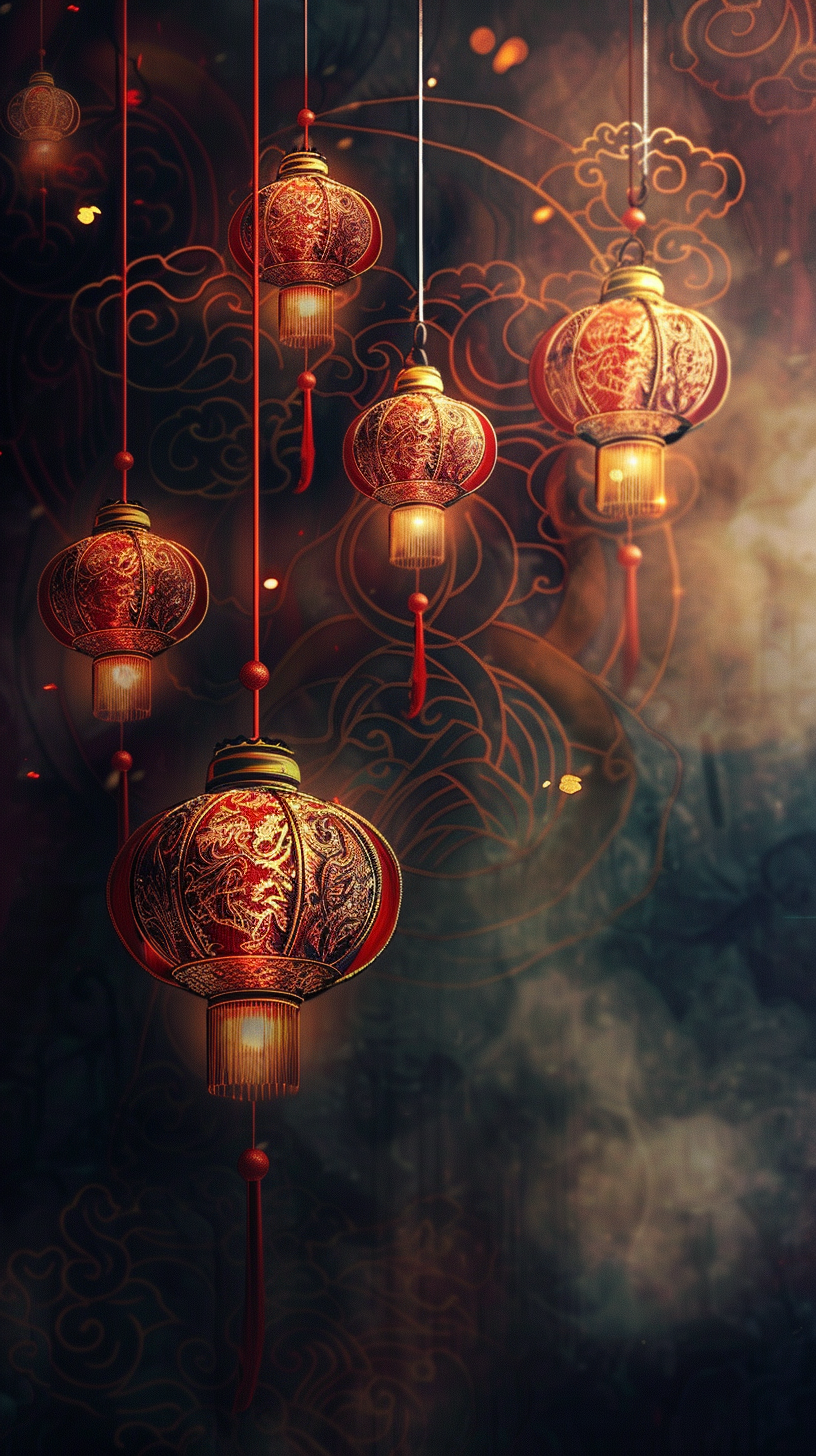 Detailed scene of Chinese lanterns glowing softly, elegant atmosphere