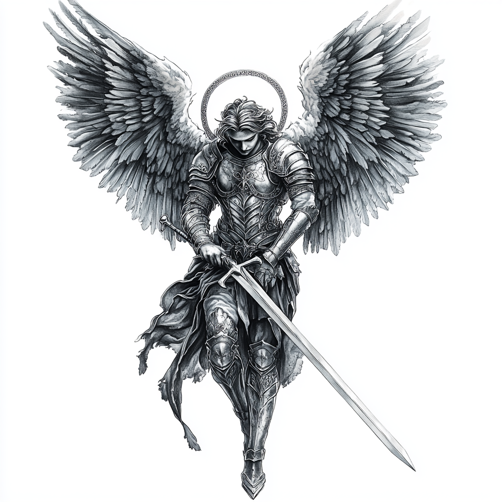 Detailed tattoo design of Archangel Michael symbolizes strength.