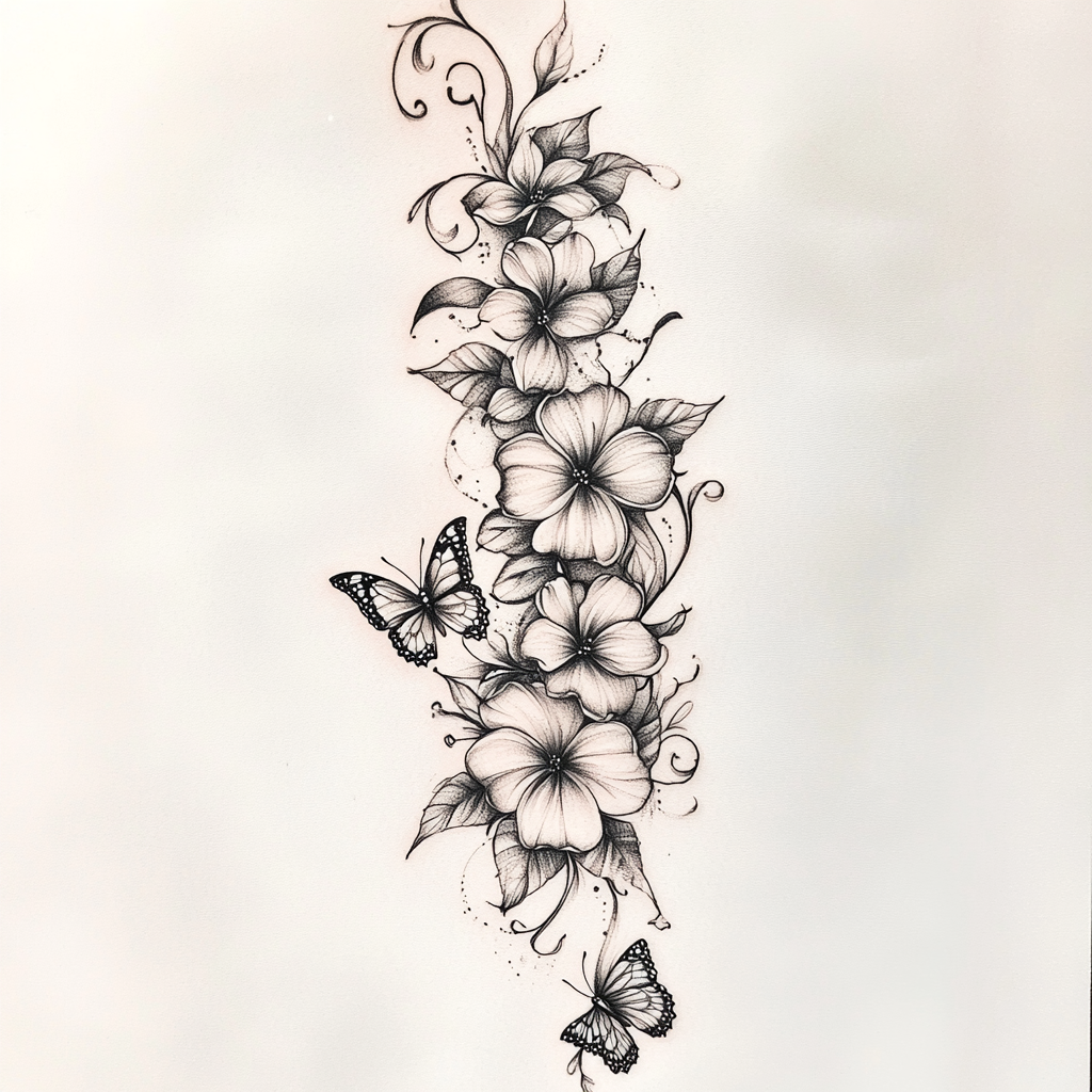 Detailed tattoo design with flowers and butterflies in motion.