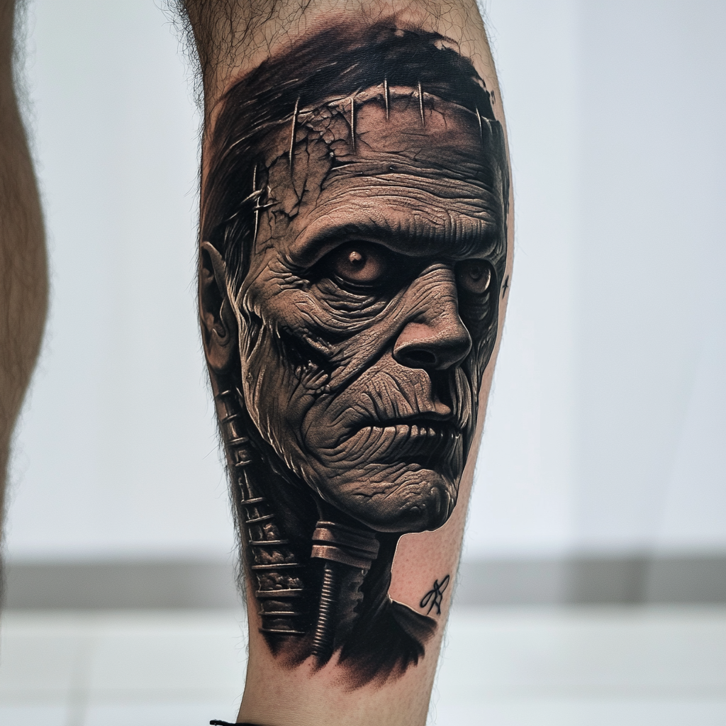 Detailed tattoo of Frankenstein's monster, sorrowful yet intense expression.