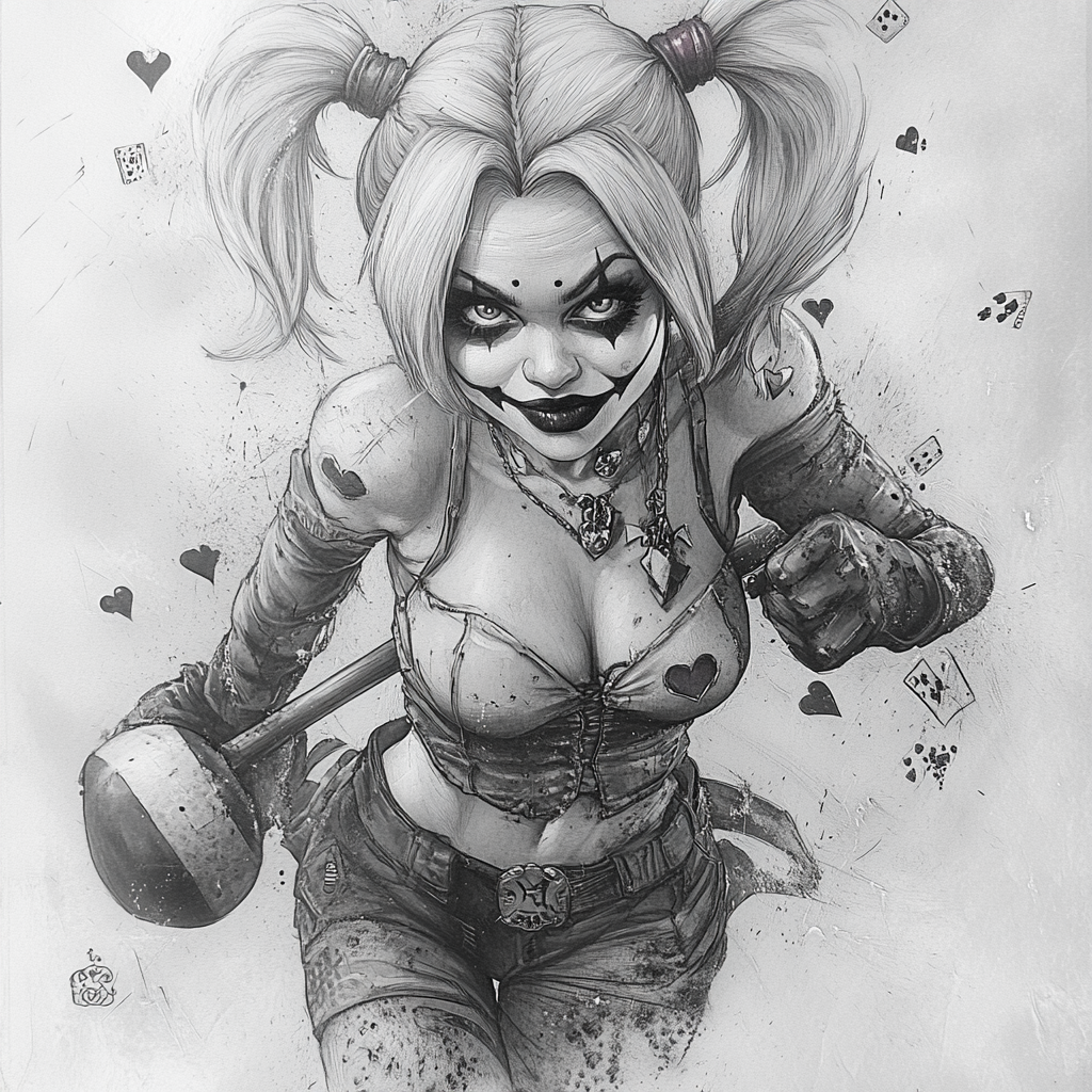 Detailed tattoo of Harley Quinn in jester outfit.