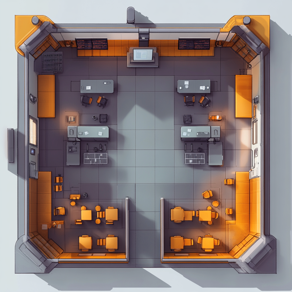 Detailed top-down map of modern research facility interior