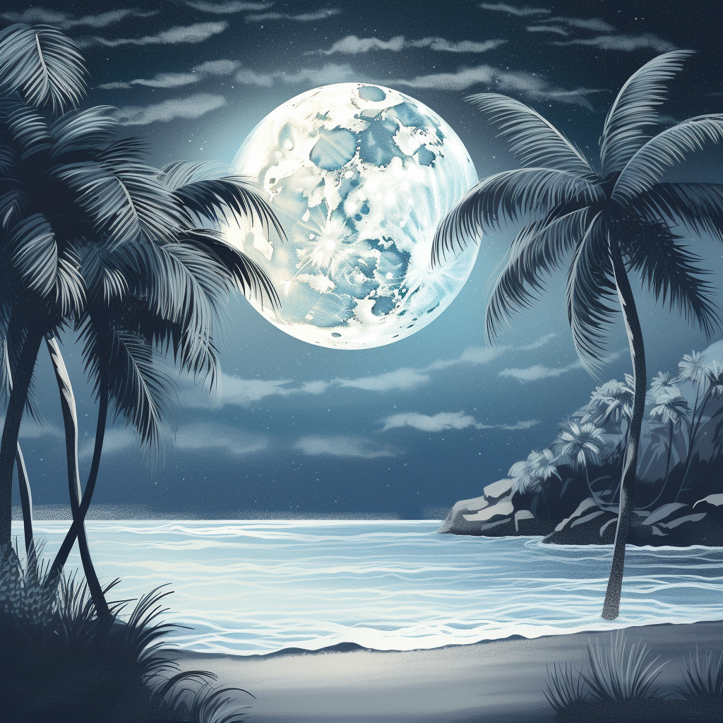 Detailed tropical beach with palm trees under full moon.