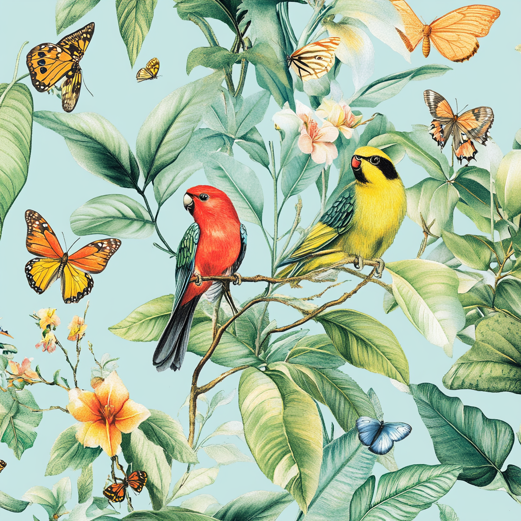 Detailed tropical birds on patterned branches with butterflies fluttering.