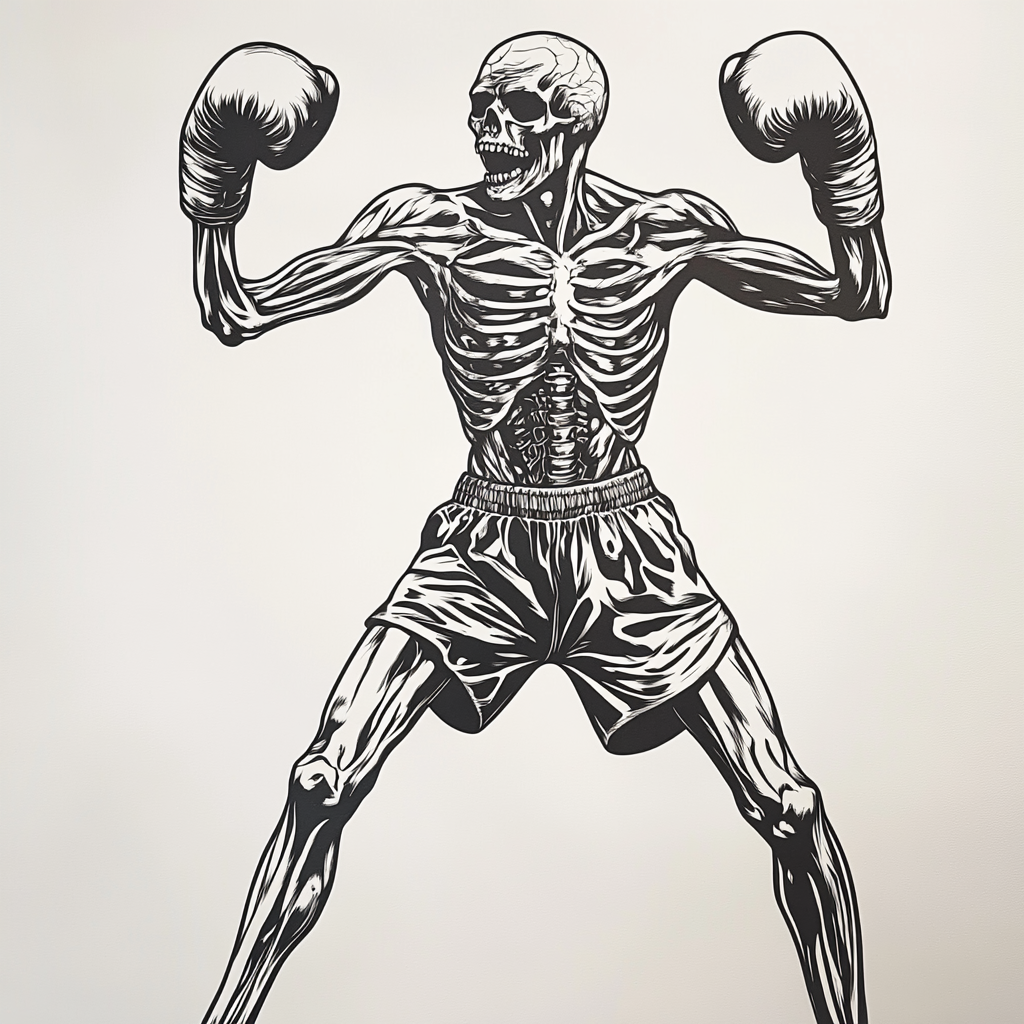 Detailed undead boxer metal wall art on light wall.