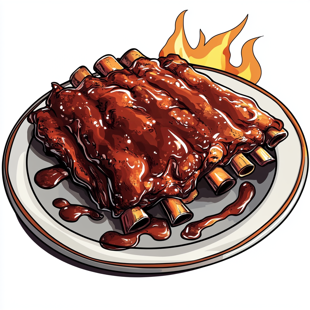 Detailed vector BBQ ribs with sauce, fire, and tools.