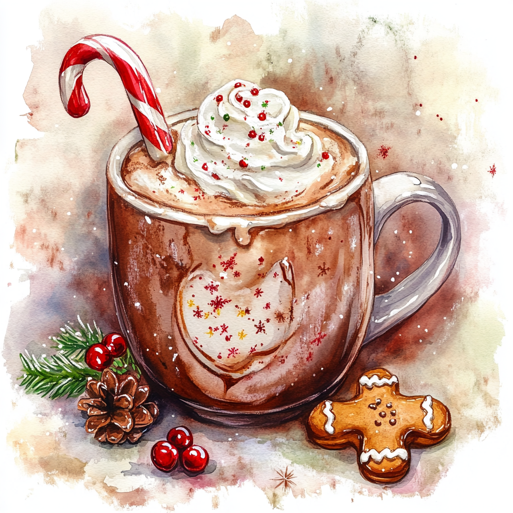 Detailed watercolor of hot chocolate in Christmas mug.