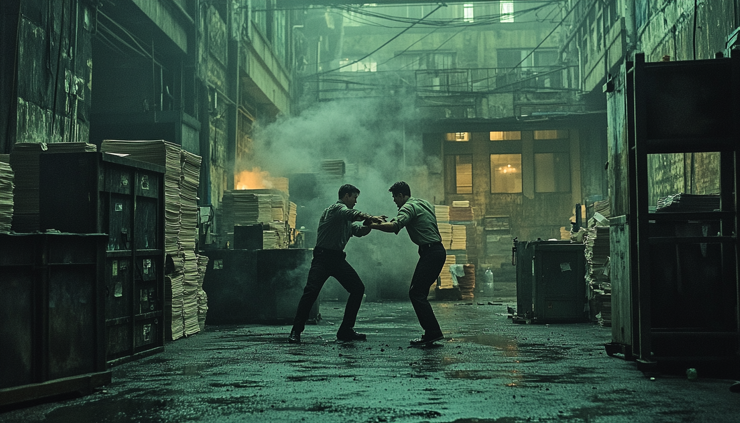 Detective fights man in printing warehouse, cinematic shot.