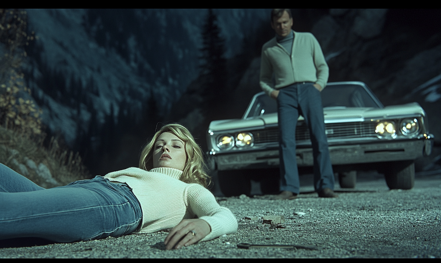 Detective kneels by drowned woman near vintage car.