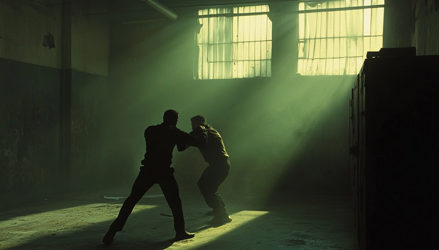 Detective struggling in fight, warehouse scene, dark colors.