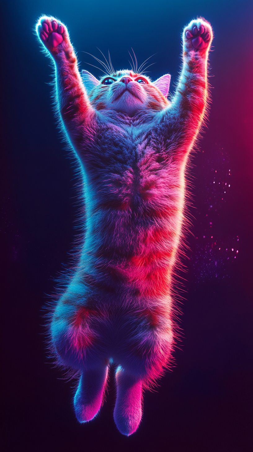 Determined Cat Leaping Into Colorful 80s Disco