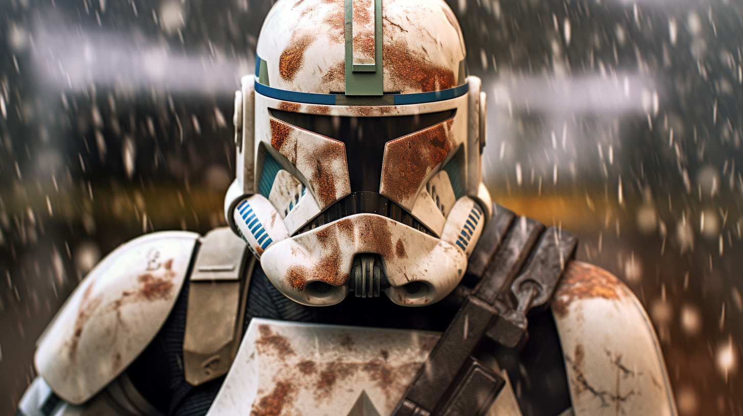 Determined Clone Trooper in Battle-Worn Armor Faces Camera