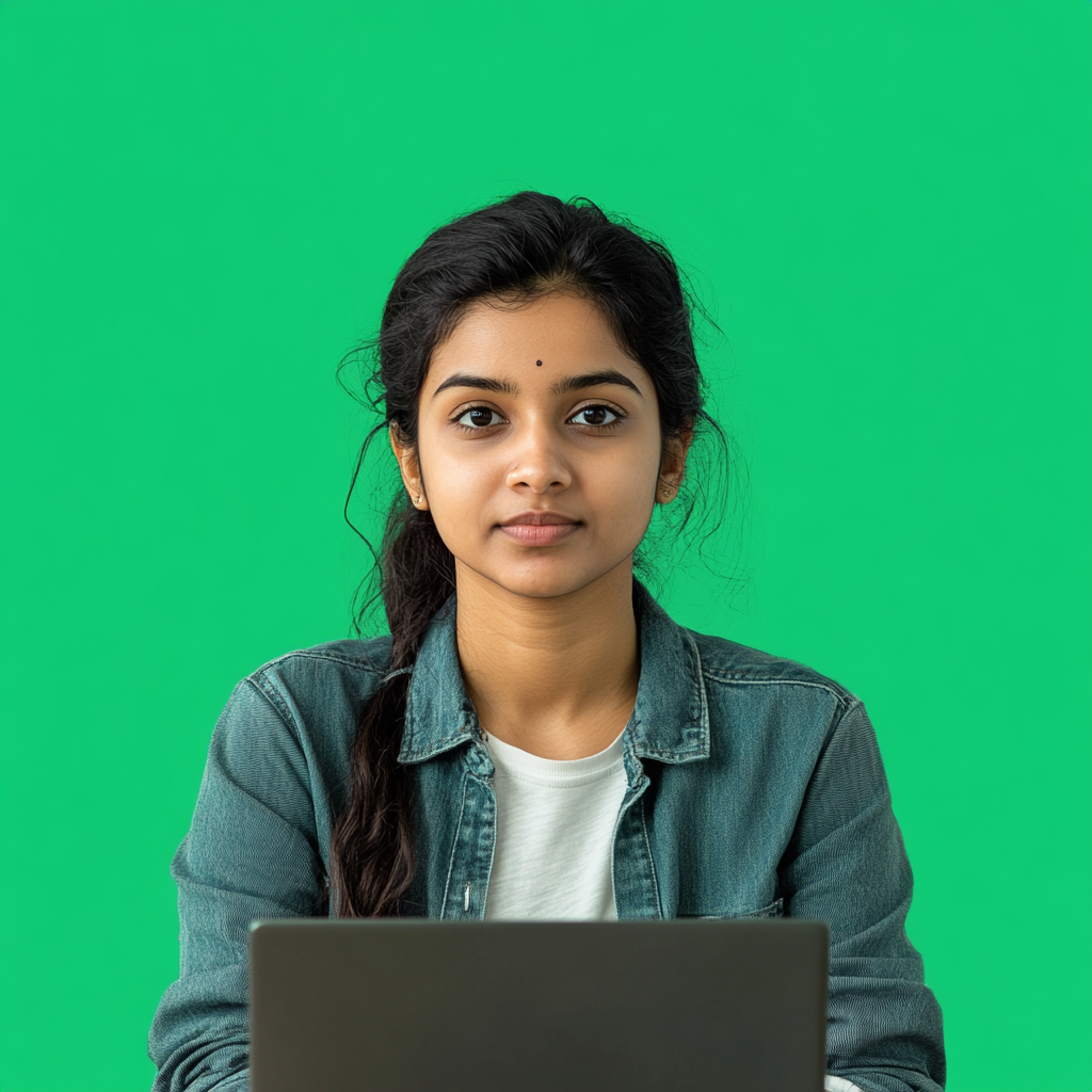 Determined Indian student working on laptop with green screen.