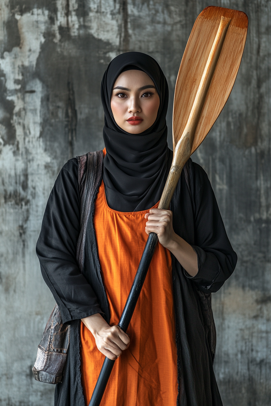 Determined Malay Muslim woman with rowing paddle looks badass.