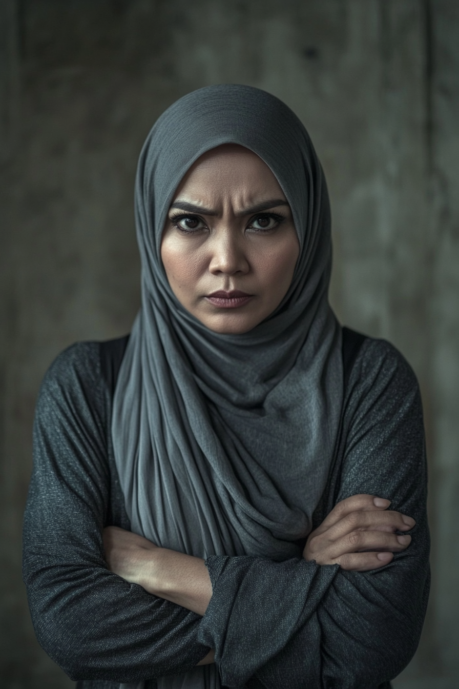 Determined Malay woman in dramatic pose, steely expression.