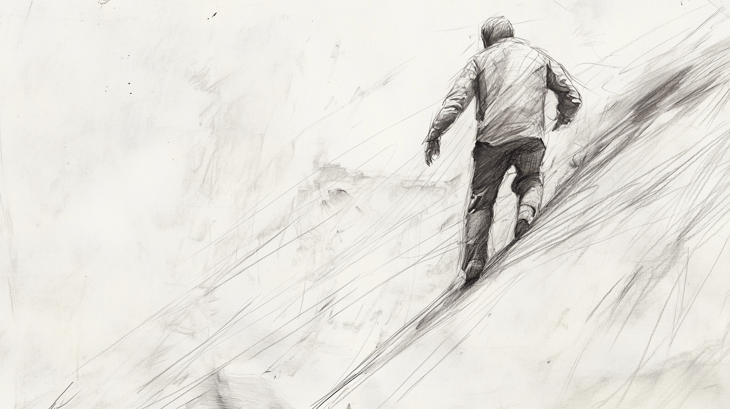 Determined Man Climbing Uphill in Rough Sketchy Drawing