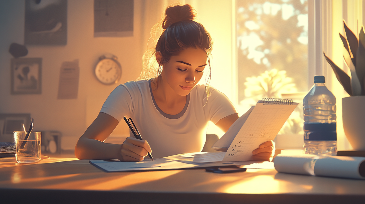 Determined Woman Planning Healthy Habits at Desk