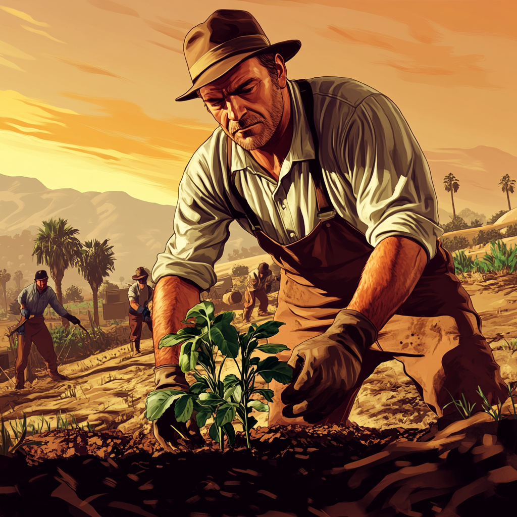 Determined farmer planting tree in vibrant GTA V style.