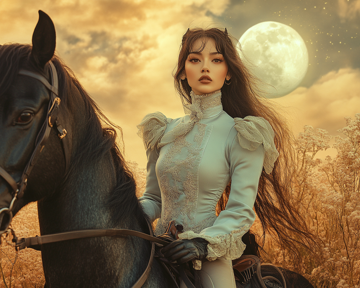 Determined female rides black horse in surreal landscape.