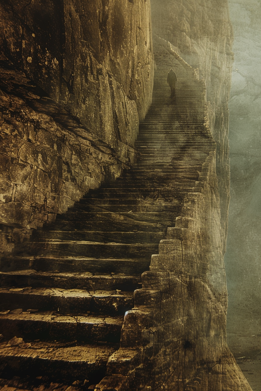 Determined man climbing steep mountain staircase in misty horizon.