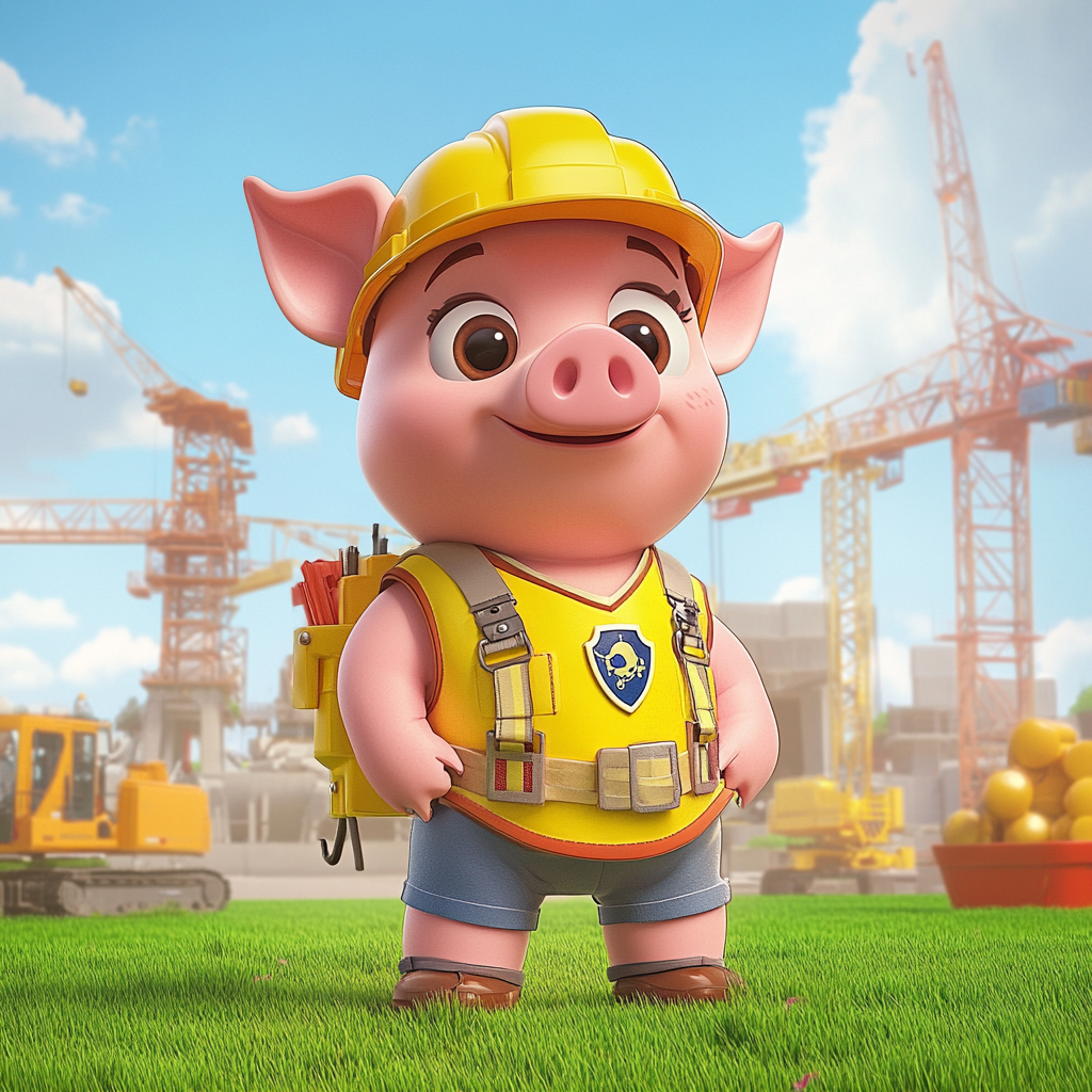 Determined pig with construction outfit ready for action.