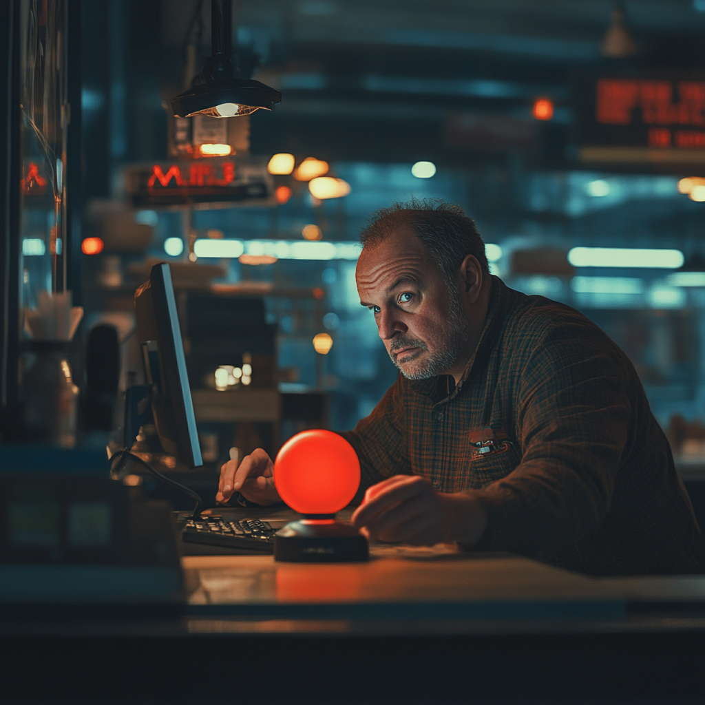 Determined small business owner pressing emergency button in restaurant