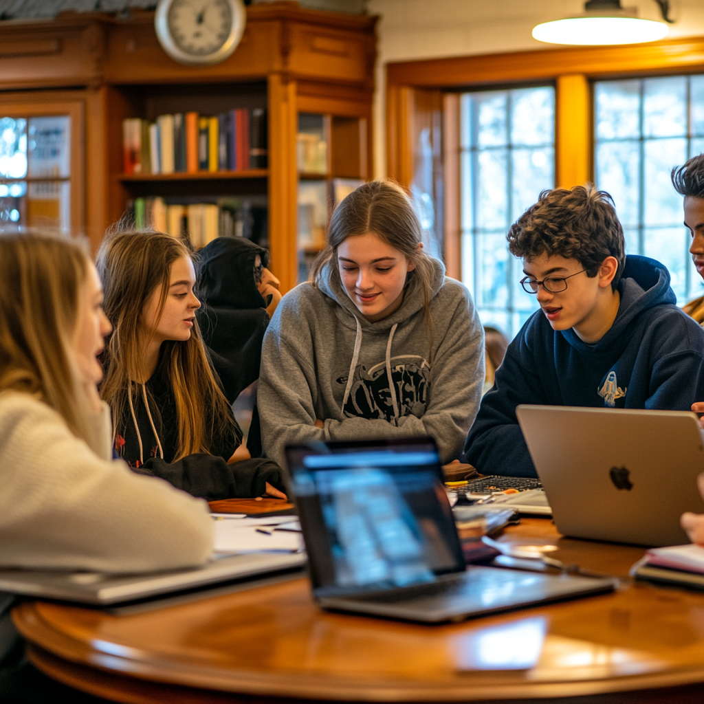 Determined students in study group with expert tutoring.