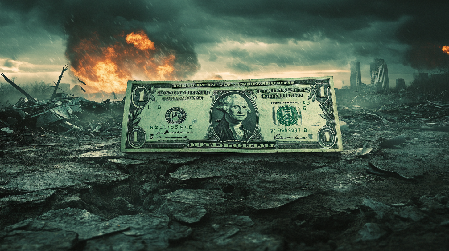 Devil's Head Dollar Bill in Ruined Landscape.